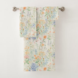 Pastel Blue Pink Green Watercolor Wildflowers Bath Towel Set