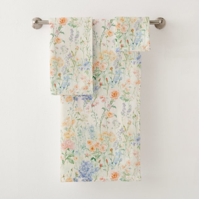 Pastel Blue Pink Green Watercolor Wildflowers Bath Towel Set (Insitu)