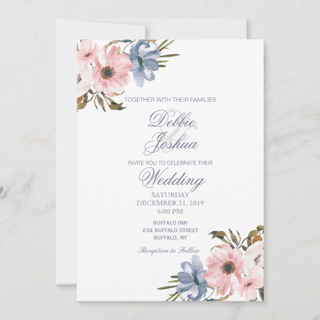 Pastel Blue Pink Purple Flower Wedding Invitation (Front)
