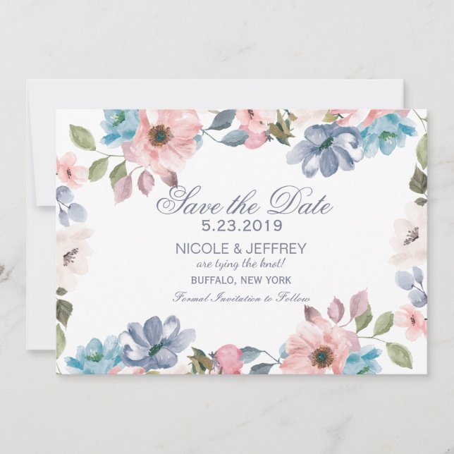 Pastel Blue Pink Purple Wedding Save the Date (Front)