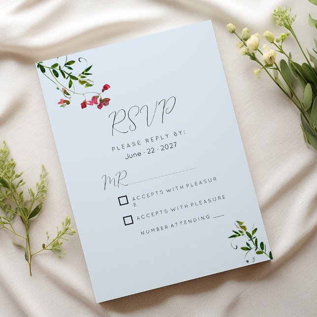 Pastel blue pink red green flowers RSVP Invitation (Pastel blue pink red green flowers RSVP )
