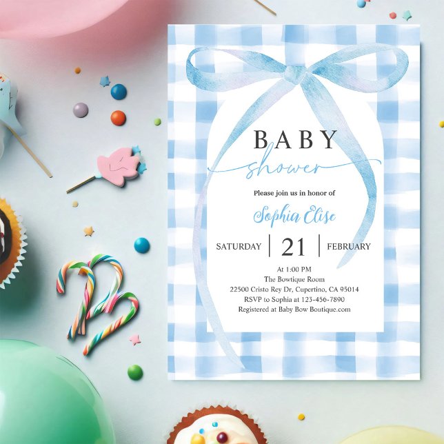 Pastel Blue Plaid Bow Baby Shower Invitation (Creator Uploaded)