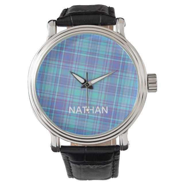 Pastel Blue Plaid Personalised Watch (Front)