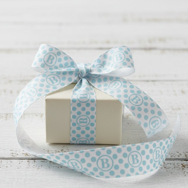 Pastel Blue Polka Dot 1.5 Grosgrain Ribbon (Modern, Elegant Light Blue and White Polka Dot Monogram Ribbon for Birthday, Baby Shower, Easter)