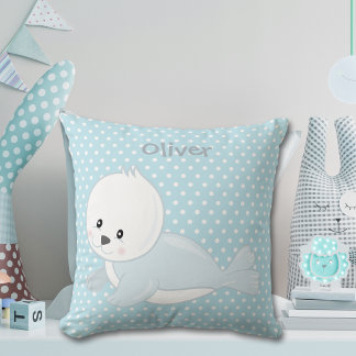 Pastel Blue Polka-Dot Baby Arctic Seal Monogram Cushion