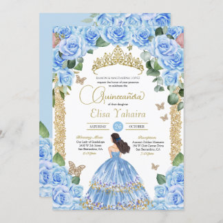 Pastel Blue Princess Dress Butterfly Quinceañera Invitation