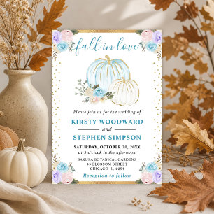 Pastel Blue & Purple Floral Pumpkins Fall Wedding Invitation