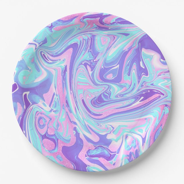 Pastel Blue & Purple Marble Liquid Texture Paper Plate (Front)