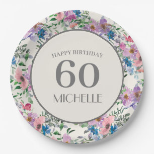 Pastel Blue Purple Pink Floral 60th Birthday Paper Plate