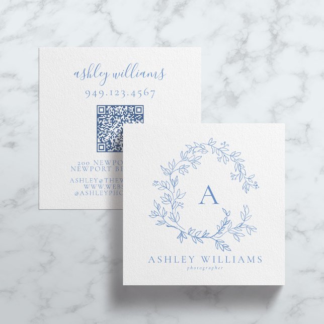 Pastel Blue QR Code Monogram Floral Crest  Square Business Card (Creator Uploaded)