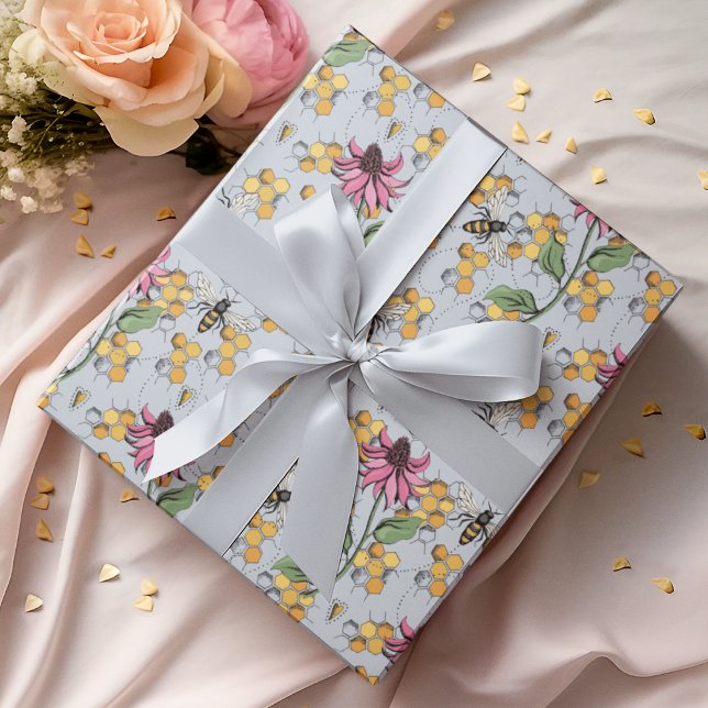 Pastel Blue Queen Bee, Honeycomb & Exotic Flowers  Wrapping Paper (Elegant Hand-Drawn Buzzing Queen Bee, Honeycomb & Pink Exotic Flower Gift Wrap for Nature Lovers.)