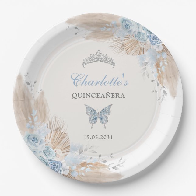 Pastel Blue Quinceanera Boho Princess Mis Quince Paper Plate (Front)