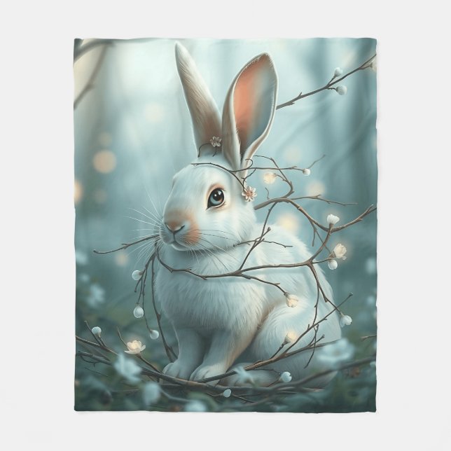 Pastel Blue Rabbit with Twigs and Flowers Fleece Blanket (Front)