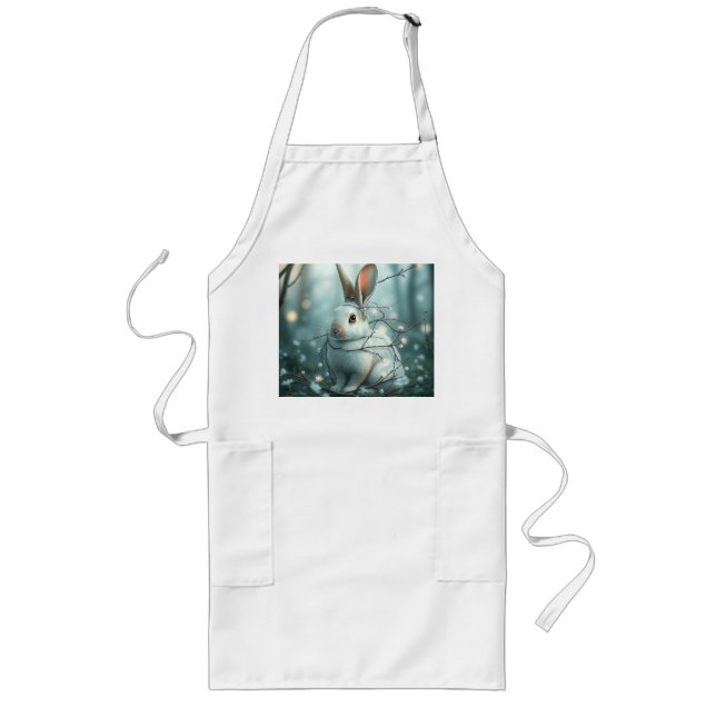 Pastel Blue Rabbit with Twigs and Flowers Long Apron (Front)