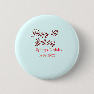 Pastel blue red happy 16th birthday name date eleg 6 cm round badge