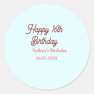 Pastel blue red happy 16th birthday name date eleg classic round sticker
