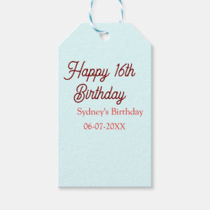 Pastel blue red happy 16th birthday name date eleg gift tags