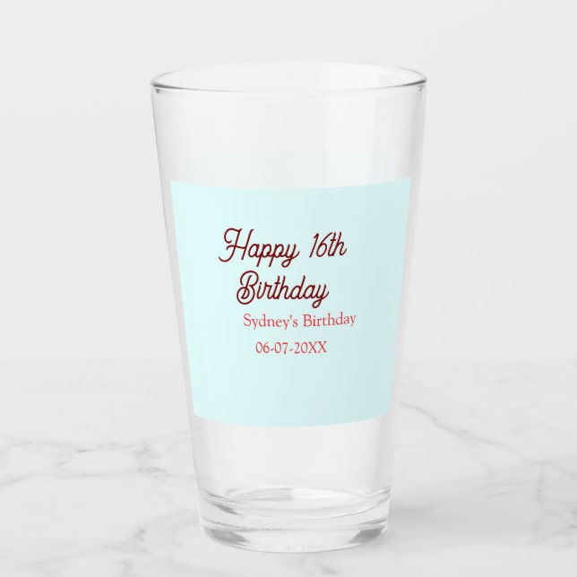 Pastel blue red happy 16th birthday name date eleg glass (Front)