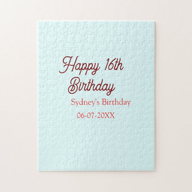 Pastel blue red happy 16th birthday name date eleg jigsaw puzzle (Vertical)