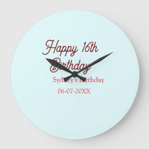 Pastel blue red happy 16th birthday name date eleg large clock