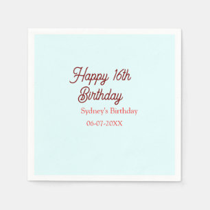 Pastel blue red happy 16th birthday name date eleg napkin