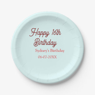 Pastel blue red happy 16th birthday name date eleg paper plate