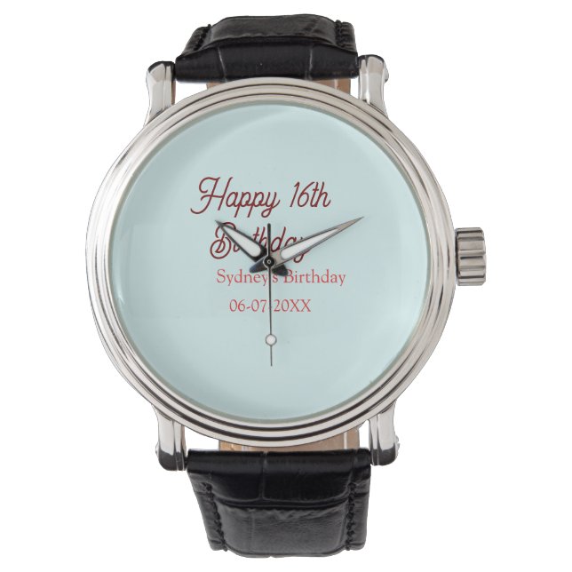 Pastel blue red happy 16th birthday name date eleg watch (Front)