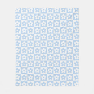 Pastel Blue Retro Chequered Flower Pattern Fleece Blanket