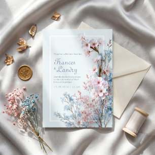 Pastel Blue Romantic Sakura Botanical Border Invitation