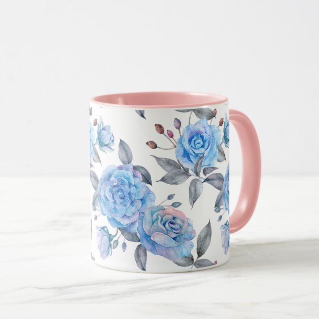 Pastel blue rose pattern mug (Front Right)