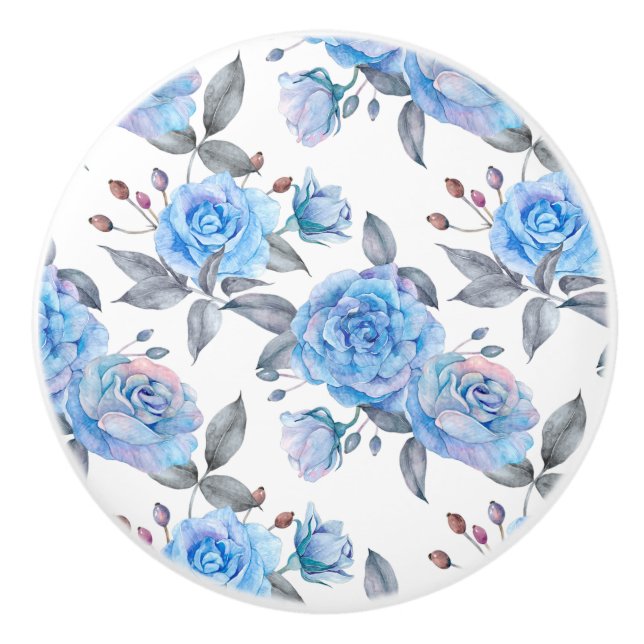 Pastel blue roses ceramic knob (Front)