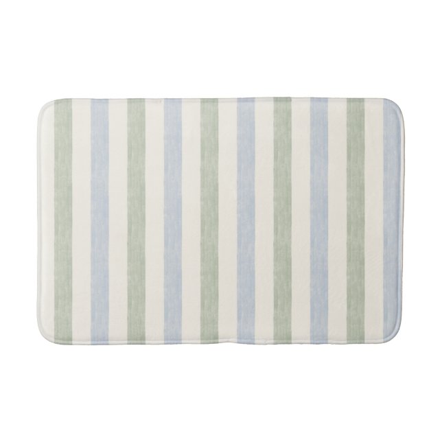 Pastel Blue Sage Green Stripe Boho Farmhouse Bath Mat (Front)