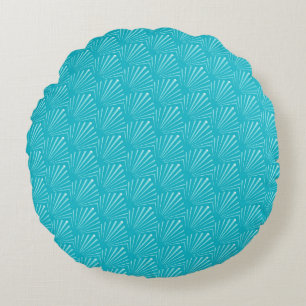 Pastel Blue Seashell Silhouette Diagonal Lines Art Round Cushion