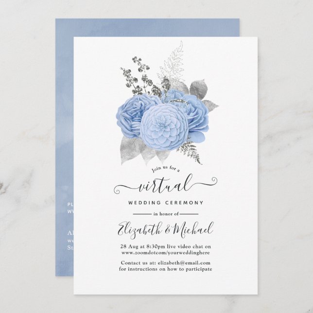 Pastel Blue & Silver Vintage Rose Virtual Wedding Invitation (Front/Back)