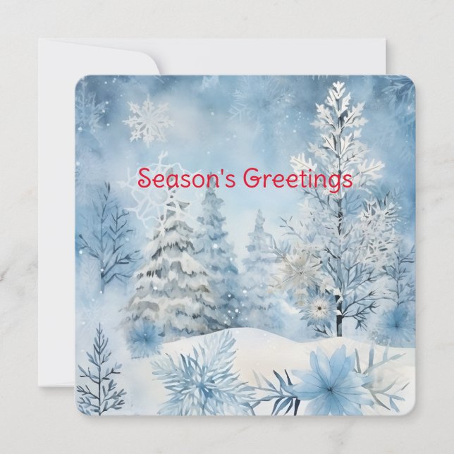 Pastel Blue Snow Forest Scene Christmas Holiday Card (Front)