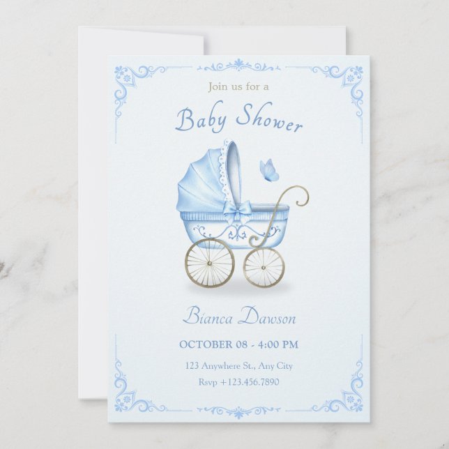 Pastel blue soft baby stroller baby shower  invitation (Front)