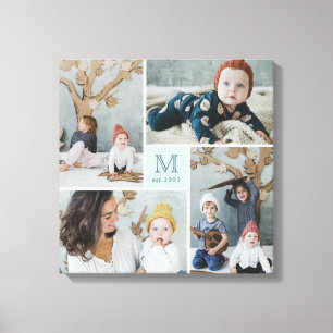 Pastel Blue Square Baby's Monogram Simple 4 Photo Canvas Print