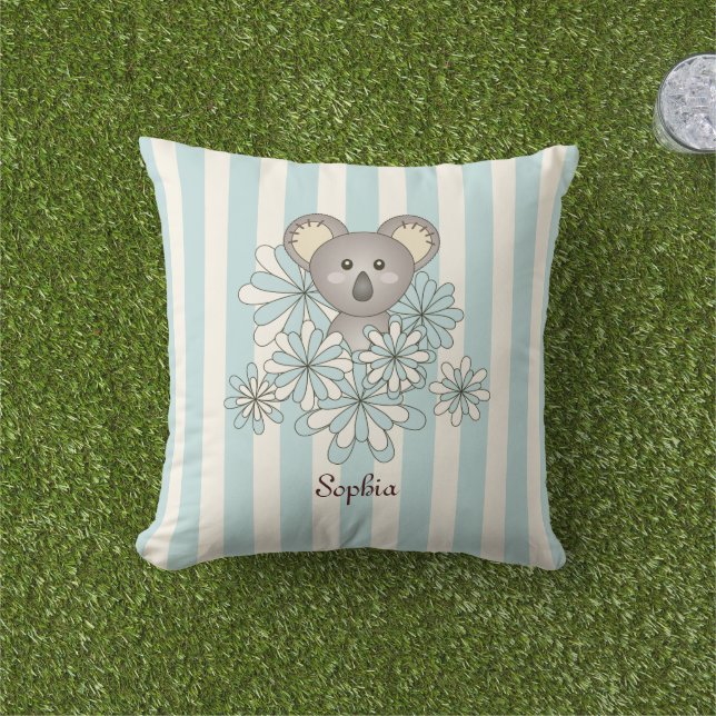 Pastel Blue Stripe Cute Baby Koala Bear Kids Cushion (Grass)