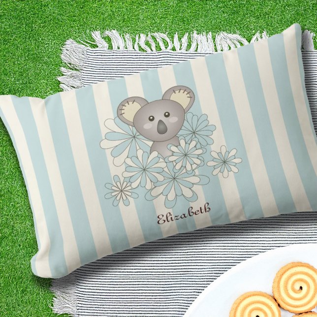 Pastel Blue Stripe Cute Koala Bear Kids Outdoor Lumbar Cushion (Creator Uploaded)
