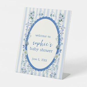 Pastel Blue Stripe Wreath Baby Shower Welcome  Pedestal Sign