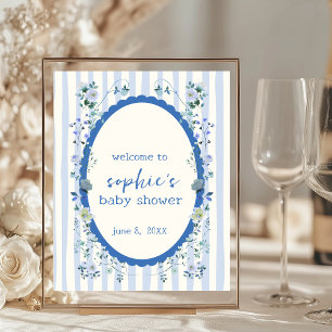 Pastel Blue Stripe Wreath Baby Shower Welcome Sign