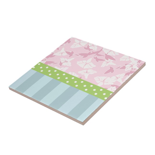 Pastel Blue Striped Pink Floral Green Polka Dots Tile (Side)
