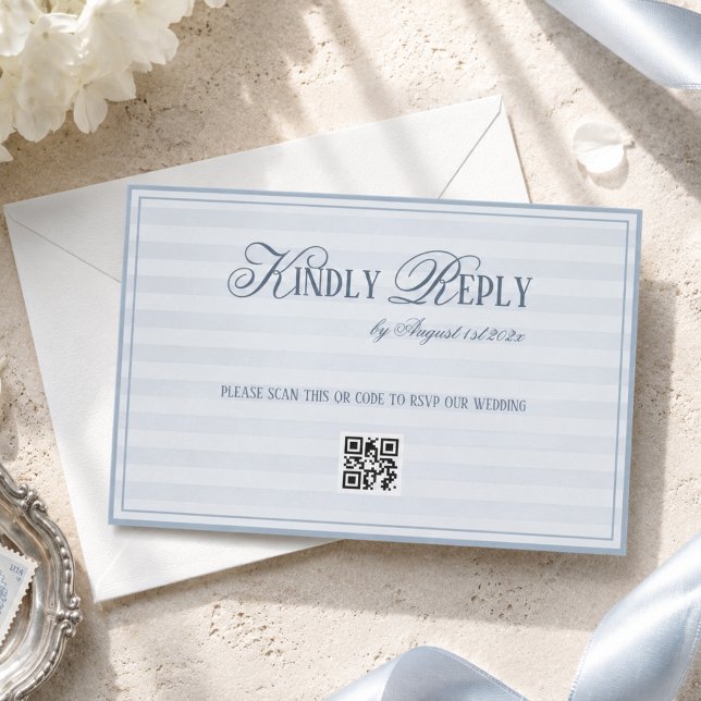 Pastel Blue Striped Wedding QR code RSVP Card (Creator Uploaded)
