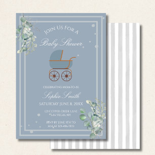 Pastel Blue Stripes Baby Carriage Baby Shower Invitation
