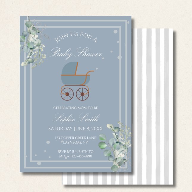 Pastel Blue Stripes Baby Carriage Baby Shower Invitation (Creator Uploaded)