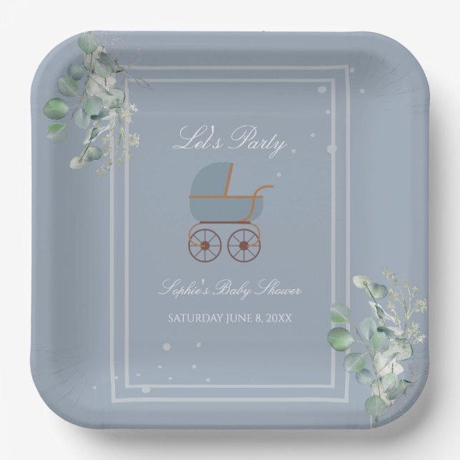 Pastel Blue Stripes Baby Carriage Baby Shower Paper Plate (Front)