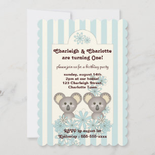 Pastel Blue Stripes Baby Koala Bear Twins Birthday Invitation