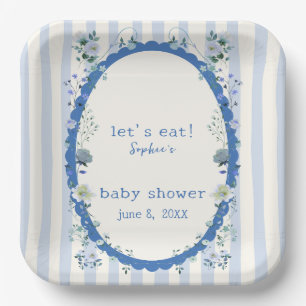 Pastel Blue Stripes Garden Floral Baby Shower  Paper Plate