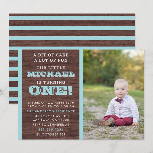 Pastel Blue Stripes On Wood Baby Boys 1st Birthday Invitation (Front/Back)