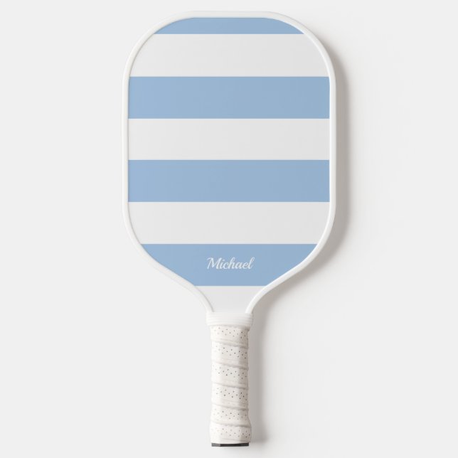 Pastel Blue Stripes Striped Personalised Pickleball Paddle (Front)